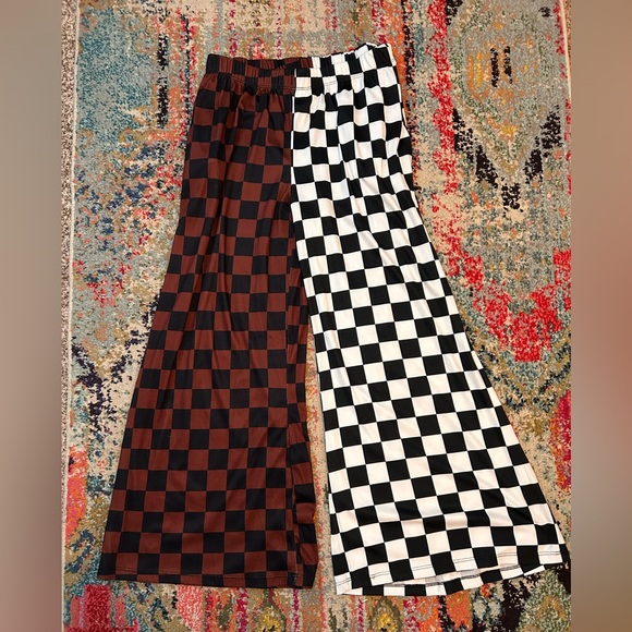Split Checkered Black and Brown Women's Pants - Picture 3 of 3